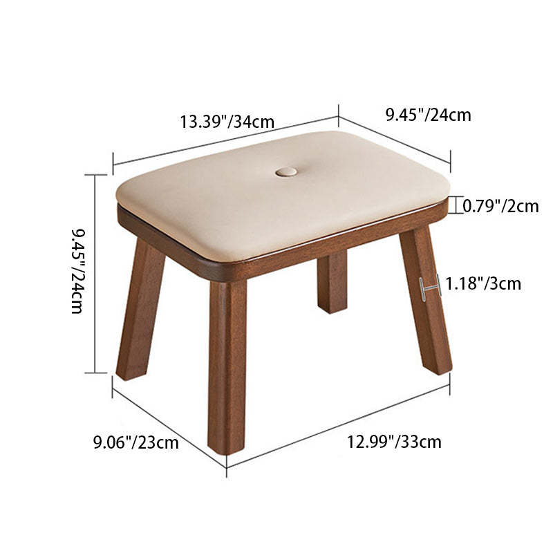 Vintage Leather Wood Low Stool — Beige Leather Upholstered Seat + Walnut Color Frame