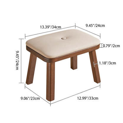 Vintage Leather Wood Low Stool — Beige Leather Upholstered Seat + Walnut Color Frame