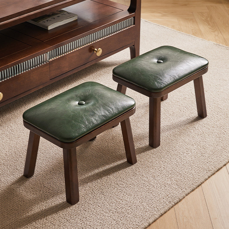 Vintage Leather Wood Low Stool — Dark Green Leather Upholstered Seat + Walnut Color Frame