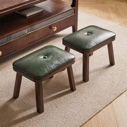 Vintage Leather Wood Low Stool — Dark Green Leather Upholstered Seat + Walnut Color Frame