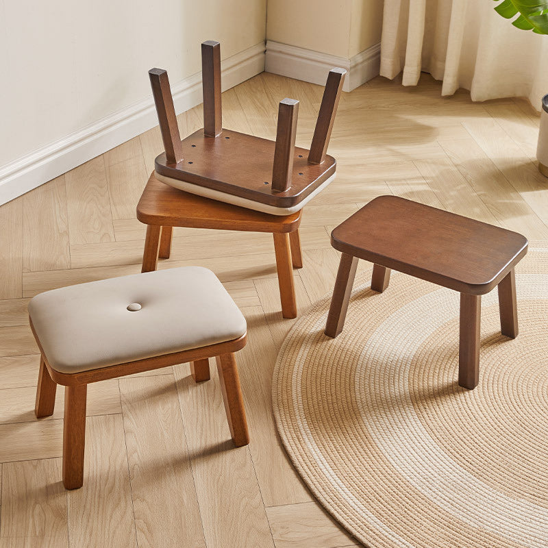 Vintage Leather Wood Low Stool — Brown Leather Upholstered Seat + Walnut Color Frame