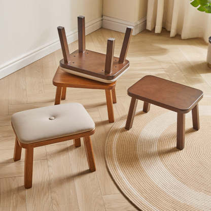 Vintage Leather Wood Low Stool — Brown Leather Upholstered Seat + Walnut Color Frame