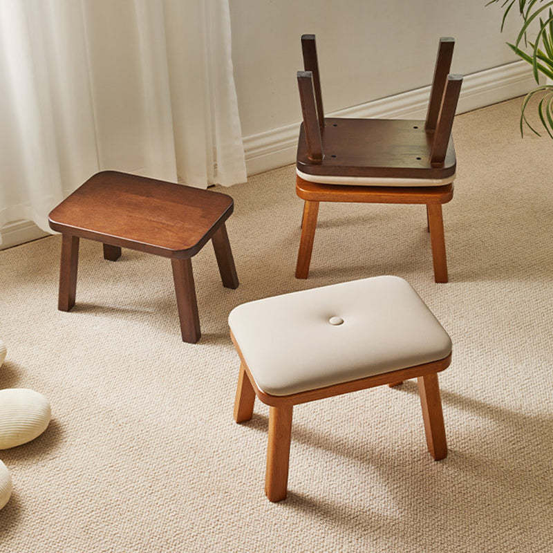 Vintage Leather Wood Low Stool — Walnut Color Solid Wood Seat + Walnut Color Frame