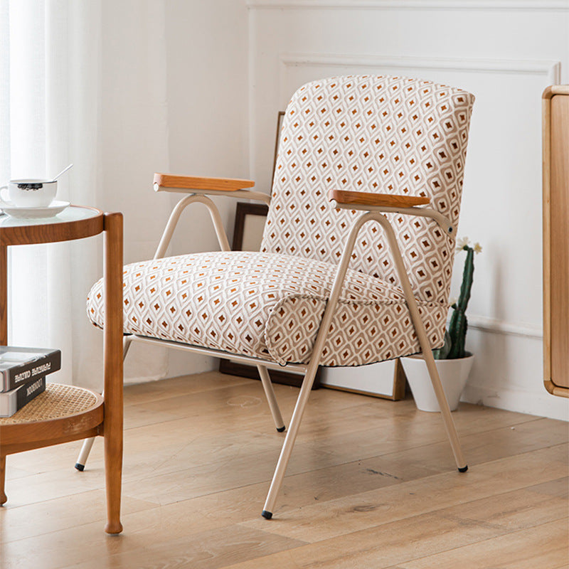 French Velvet Iron V-Leg Accent Chair — Diamond Pattern Fabric Seat + White Legs