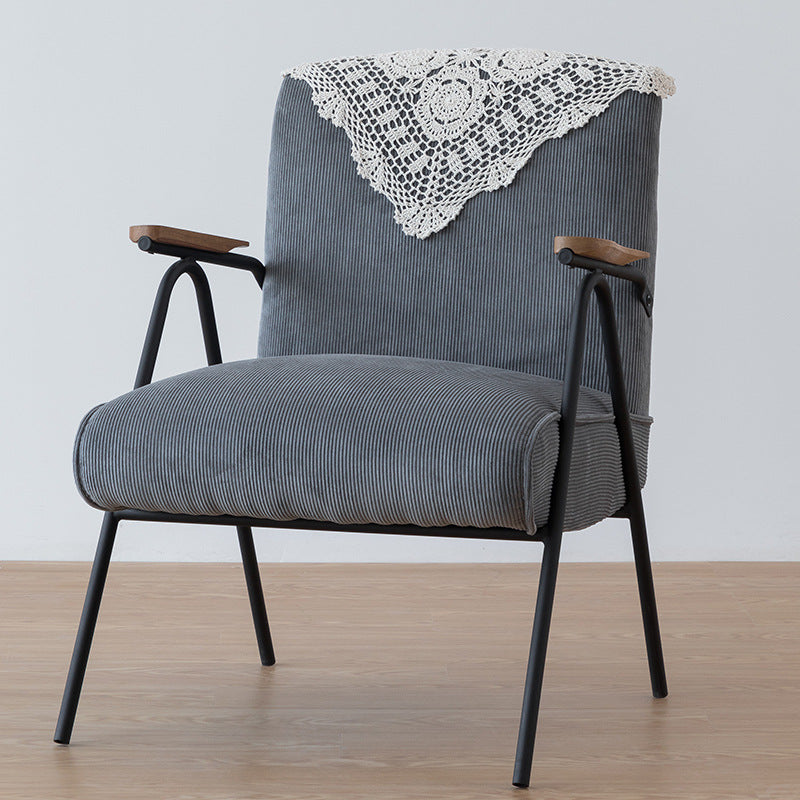 French Velvet Iron V-Leg Accent Chair — Diamond Pattern Fabric Seat + Wood Color Legs