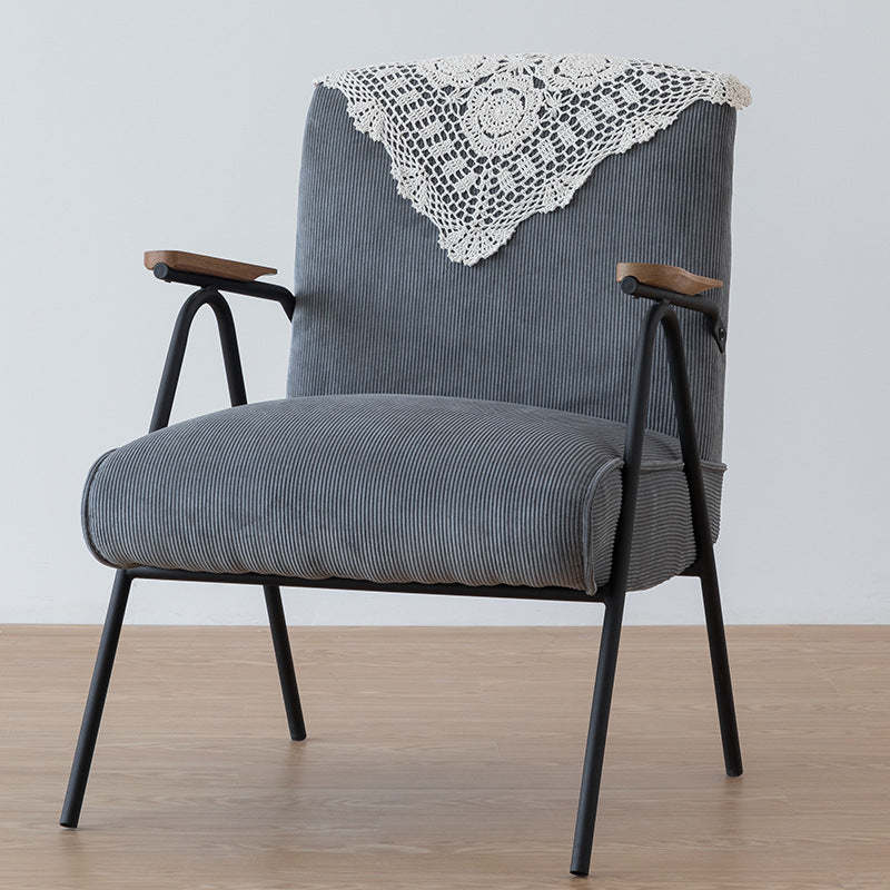 French Velvet Iron V-Leg Accent Chair — Diamond Pattern Fabric Seat + Wood Color Legs