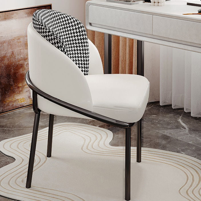 Curved Leather Iron Legs Vanity Stool — White + Houndstooth
