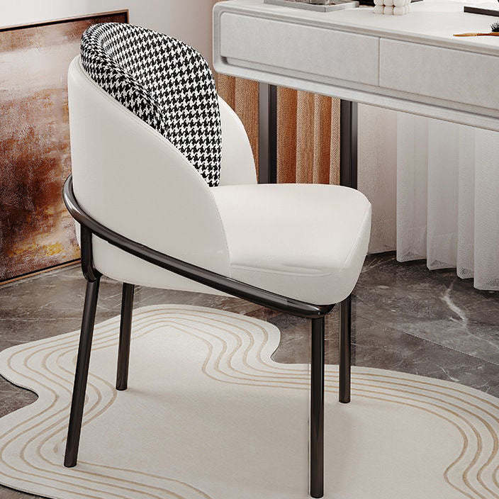 Curved Leather Iron Legs Vanity Stool — White + Houndstooth