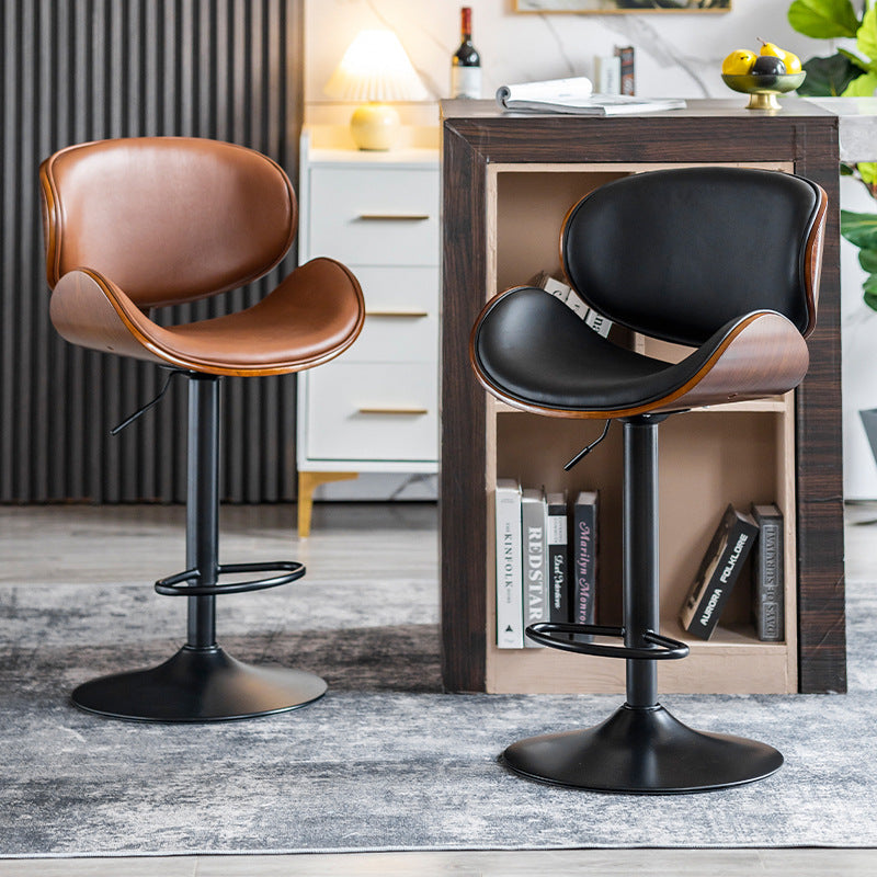 Modern Curved Leather Wood Adjustable Bar Stool