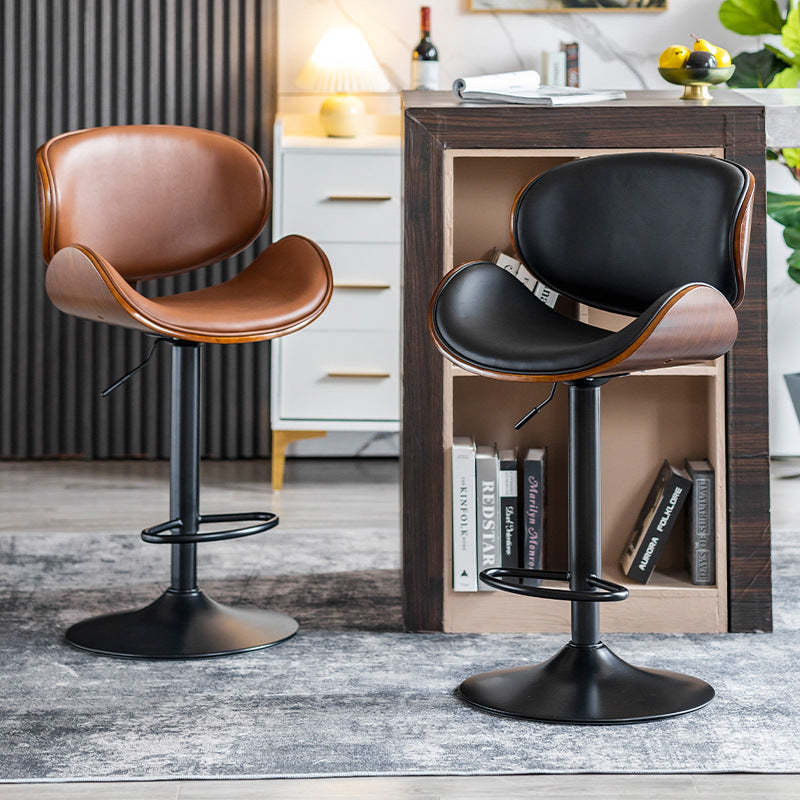 Modern Curved Leather Wood Adjustable Bar Stool — Beige