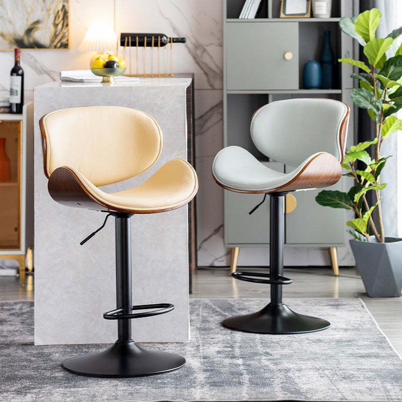 Modern Curved Leather Wood Adjustable Bar Stool — Dark Green