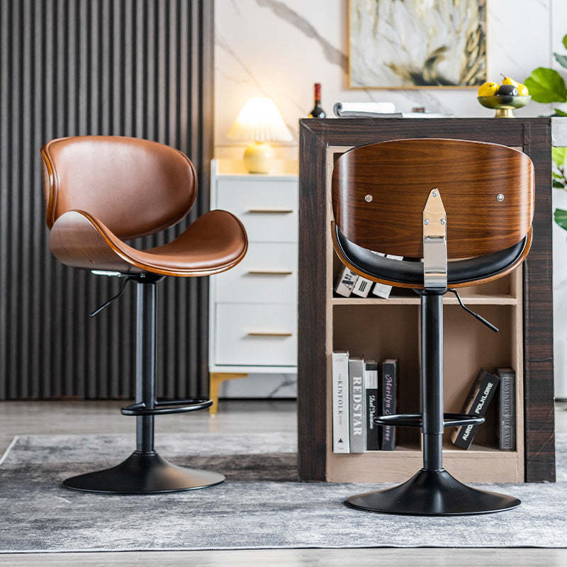 Modern Curved Leather Wood Adjustable Bar Stool