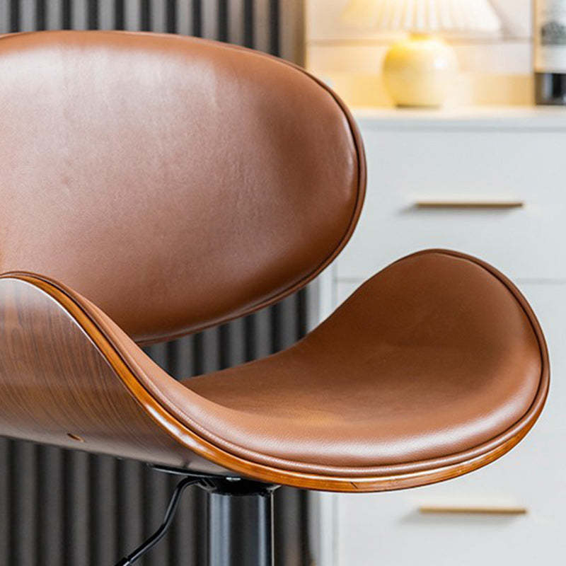 Modern Curved Leather Wood Adjustable Bar Stool — Dark Brown