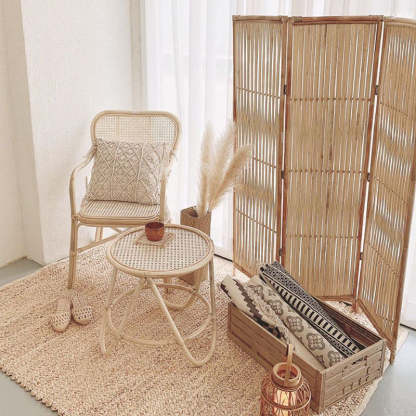 Retro Woven Rattan Dining Chair Armrest — Wood Color