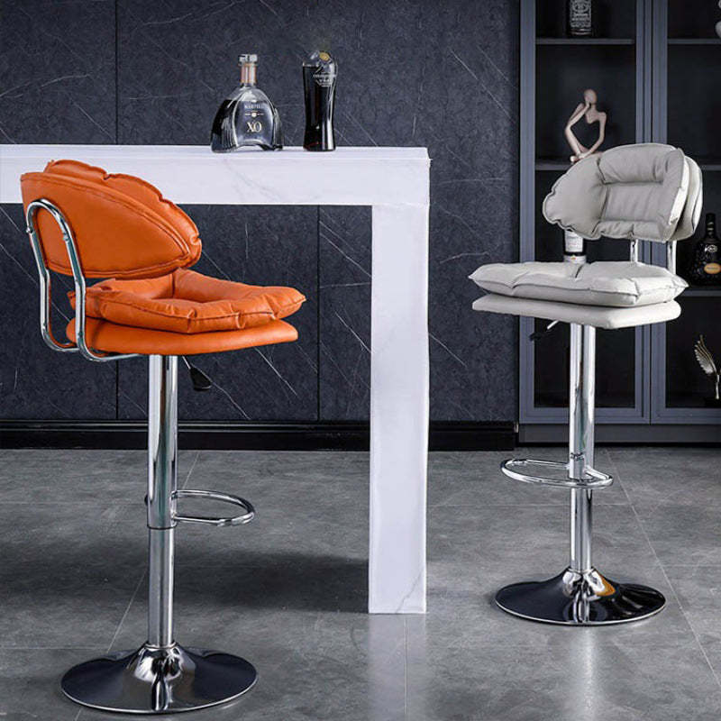 Nordic Fabric Round Metal Adjustable Bar Stool with Footrest — Orange Seat