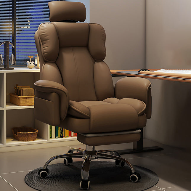 Contemporary Square Fabric Adjustable Gaming Chair — Coffee Leather Upholstered / Headrest & Footrest & Class-3 Gas Lift