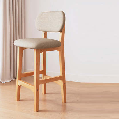 Japanese Wood PU Leather Bar Stool — Light Gray Leather Seat