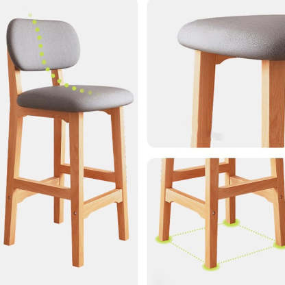Japanese Wood PU Leather Bar Stool — Khaki Linen Seat