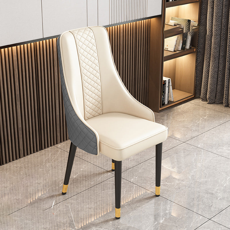 Luxury Curved Leather Steel Dining Chair — Off-White + Brown