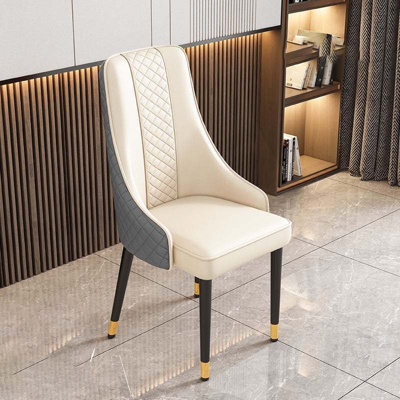 Luxury Curved Leather Steel Dining Chair — Off-White + Brown