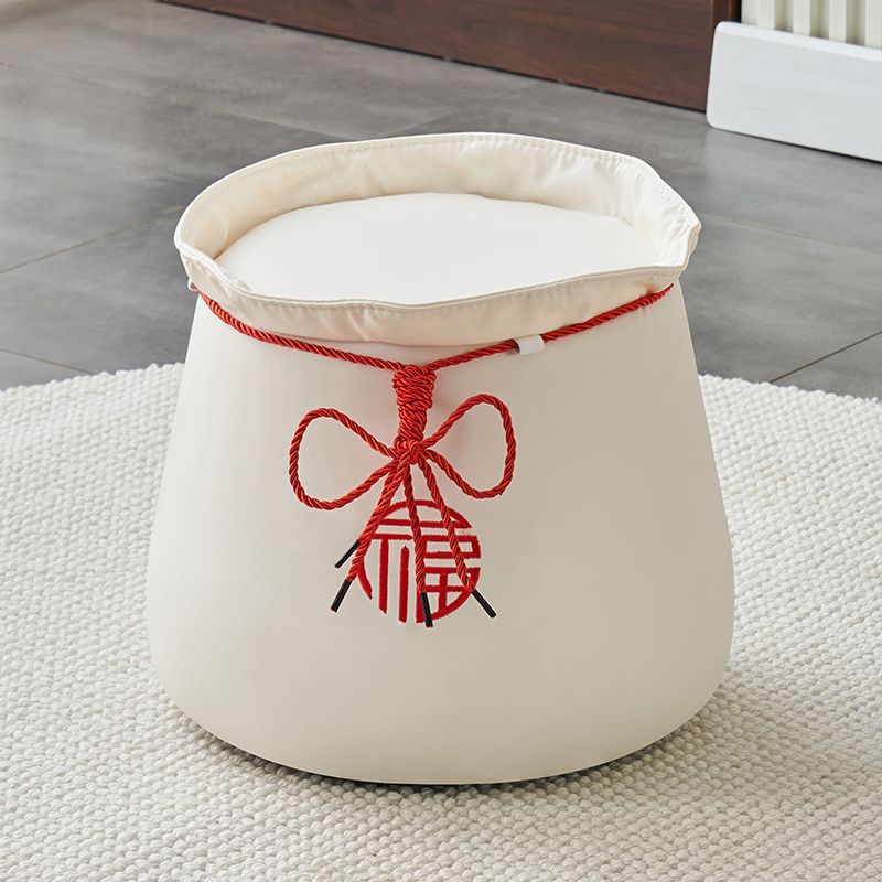 Chinese Round Leather Upholstered Pouf — Red