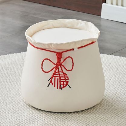 Chinese Round Leather Upholstered Pouf — Red