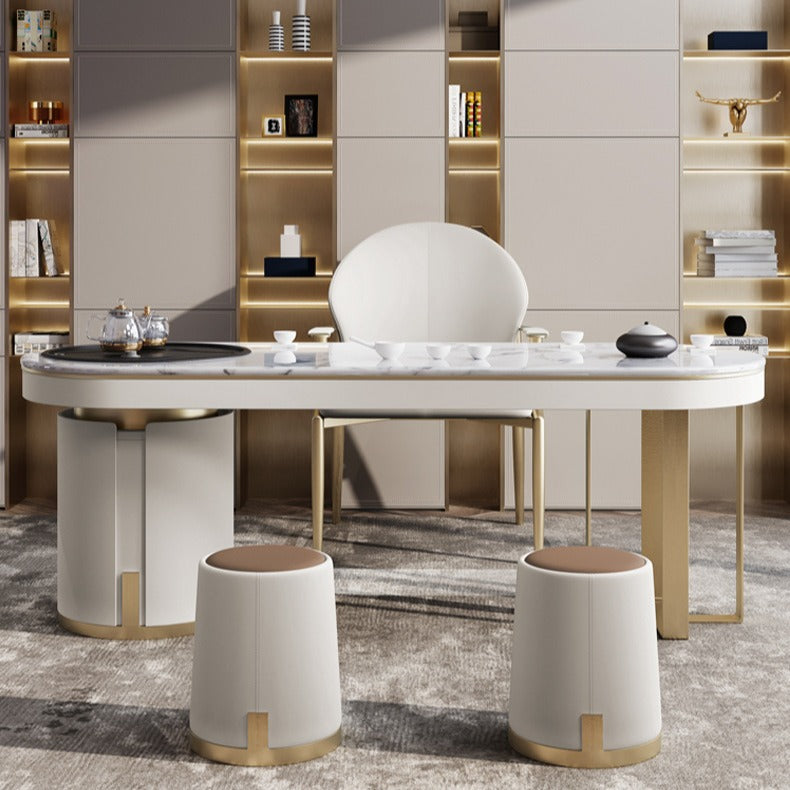 Contemporary PU Leather Metal Vanity Stool — PU Leather + Gold Steel Feet