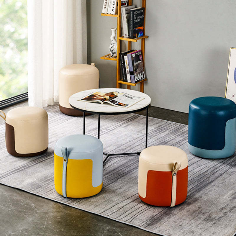Scandinavian Round Leather Portable Low Stool — Pink + Dark Grey
