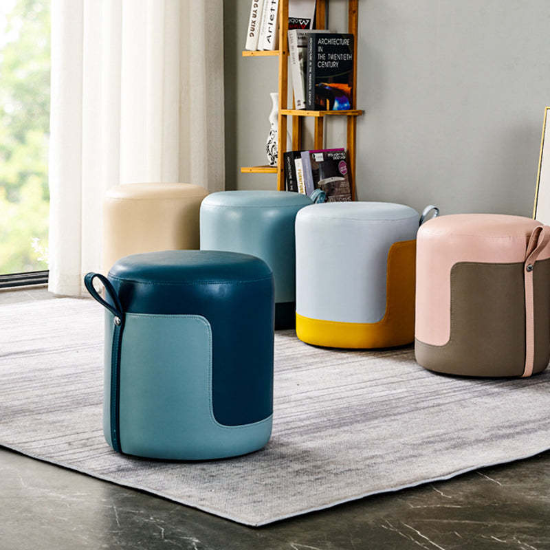 Scandinavian Round Leather Portable Low Stool — Beige + Coffee