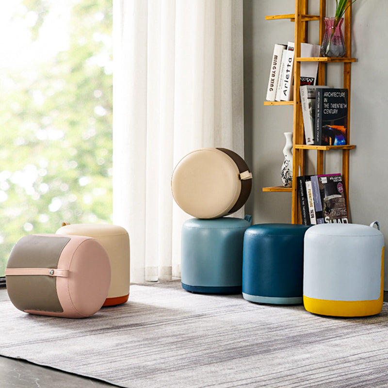 Scandinavian Round Leather Portable Low Stool — Beige + Orange