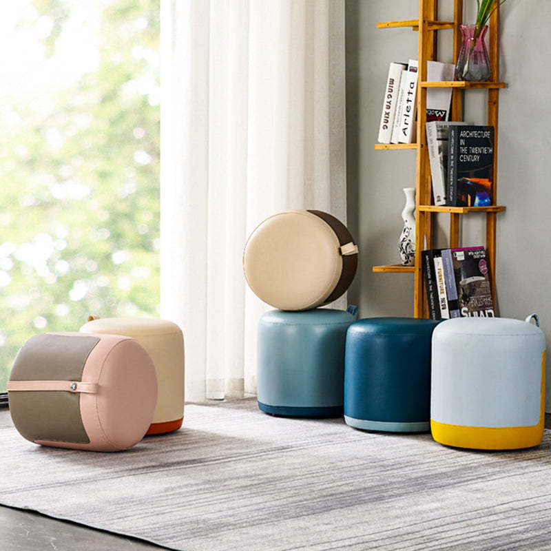 Scandinavian Round Leather Portable Low Stool — Beige + Orange