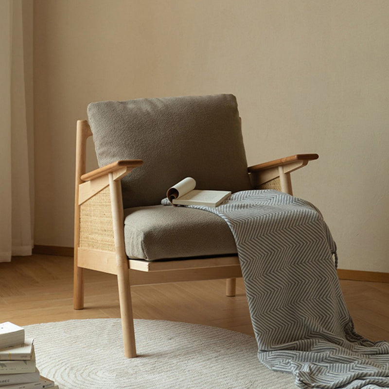 Scandinavian Rattan Wood Accent Chair — Original Wood Color Frame + Green Seat