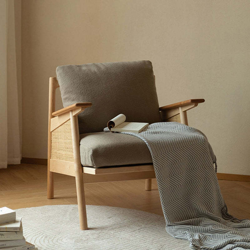 Scandinavian Rattan Wood Accent Chair — Original Wood Color Frame + Green Seat