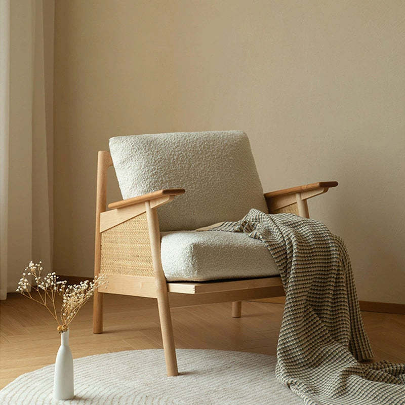 Scandinavian Rattan Wood Accent Chair — Original Wood Color Frame + Yellow Seat