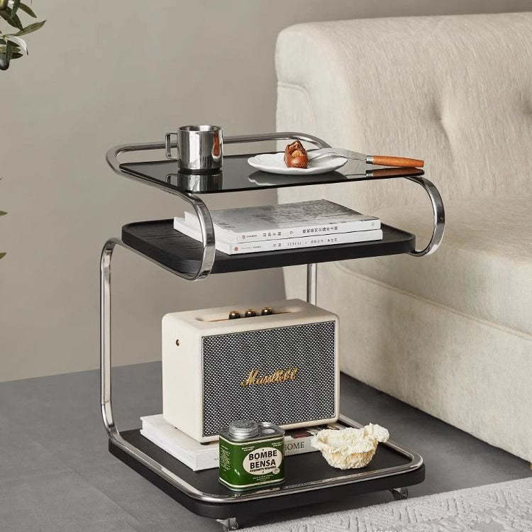 Nordic Glass Ferroalloy Curved 3-Tier Rolling End Table — Walnut Color