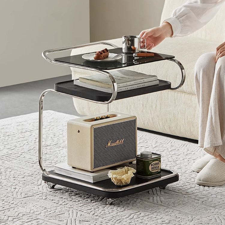 Nordic Glass Ferroalloy Curved 3-Tier Rolling End Table — Black