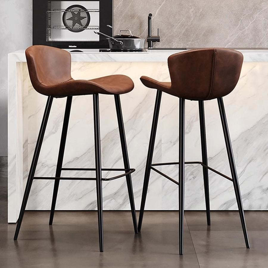 Scandinavian Curved Leather High Bar Stool