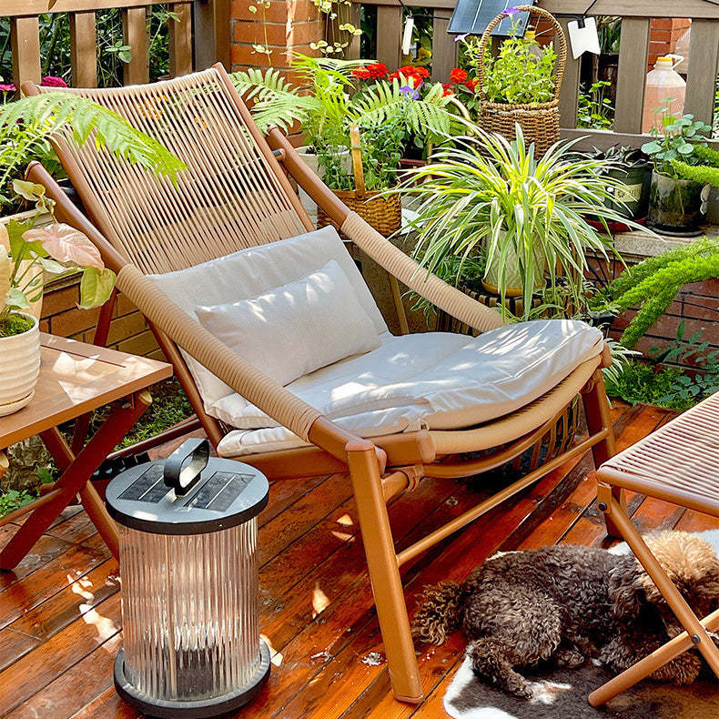 Rustic Rattan Metal Recliner with Pillow and Footrest