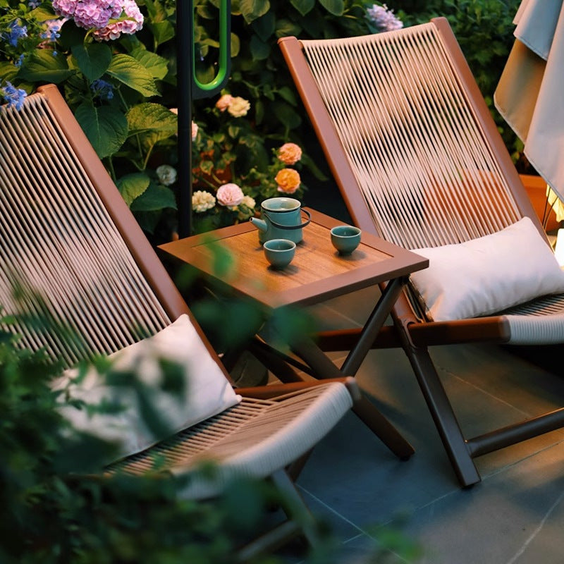 Rustic Rattan Metal Recliner with Pillow and Footrest