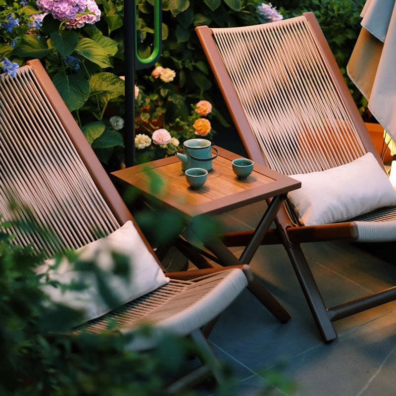 Rustic Rattan Metal Recliner with Pillow and Footrest