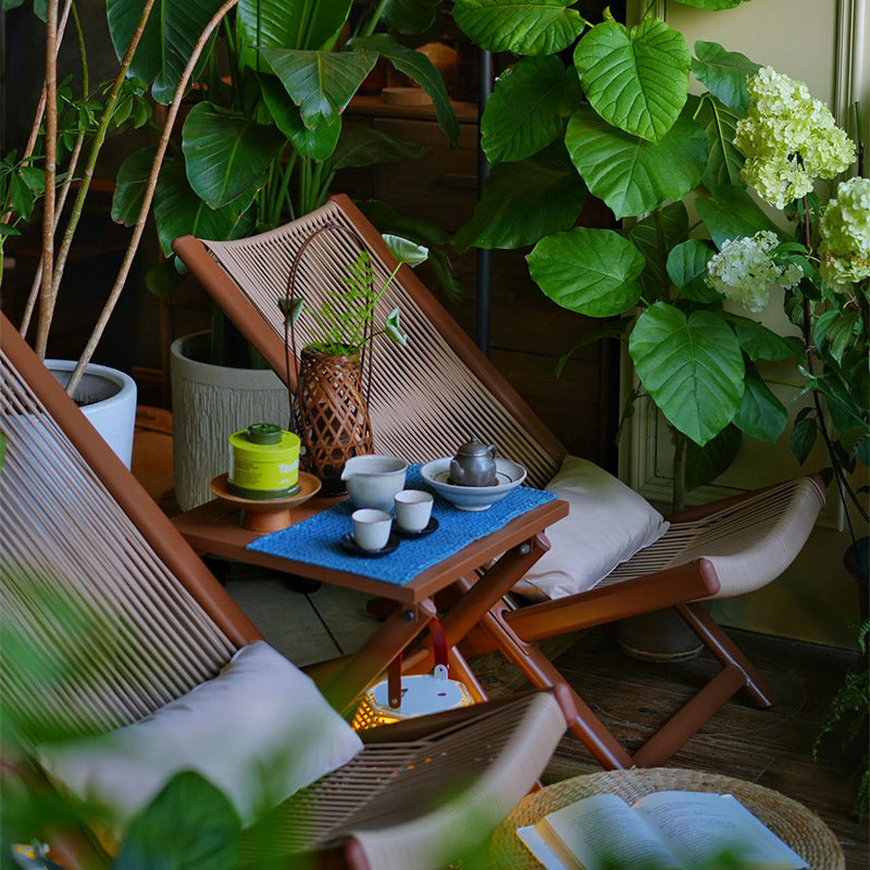 Rustic Rattan Metal Recliner with Pillow and Footrest