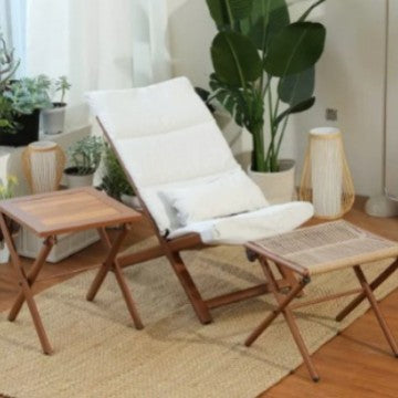 Rustic Rattan Metal Recliner with Pillow and Footrest
