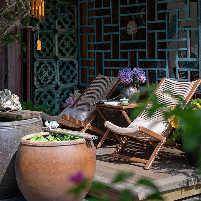 Rustic Rattan Metal Recliner with Pillow and Footrest