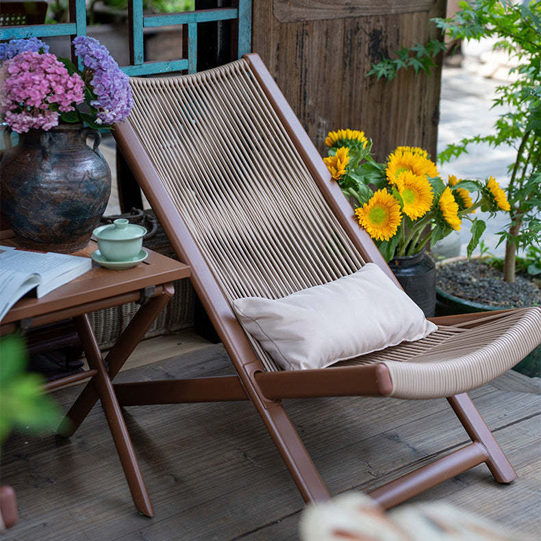 Rustic Rattan Metal Recliner with Pillow and Footrest