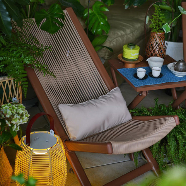 Rustic Rattan Metal Recliner with Pillow and Footrest