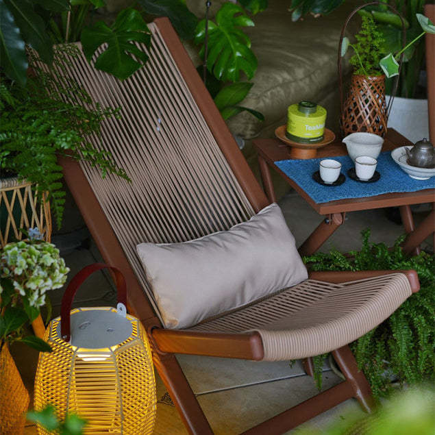 Rustic Rattan Metal Recliner with Pillow and Footrest