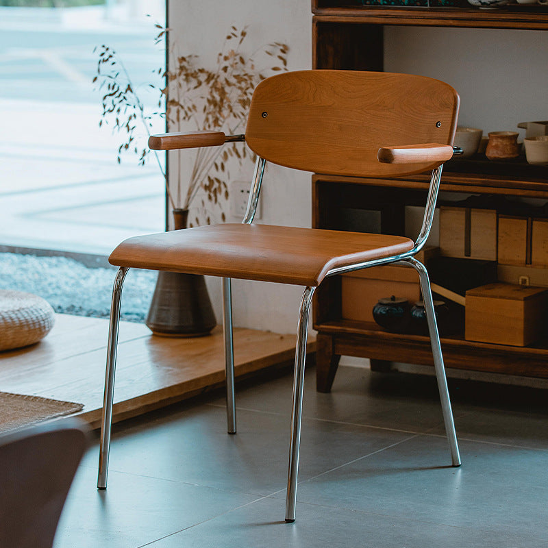 Vintage Wood Steel Dining Chair with Armrest — Cherry Wood Color