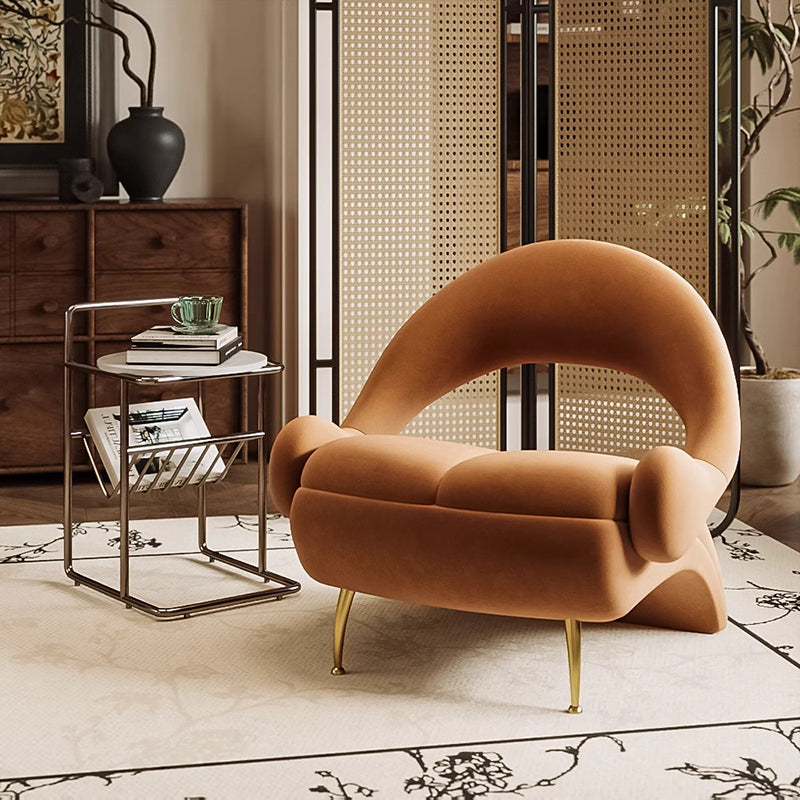 Nordic Curved Velvet Iron Open-Back Accent Chair — Beige
