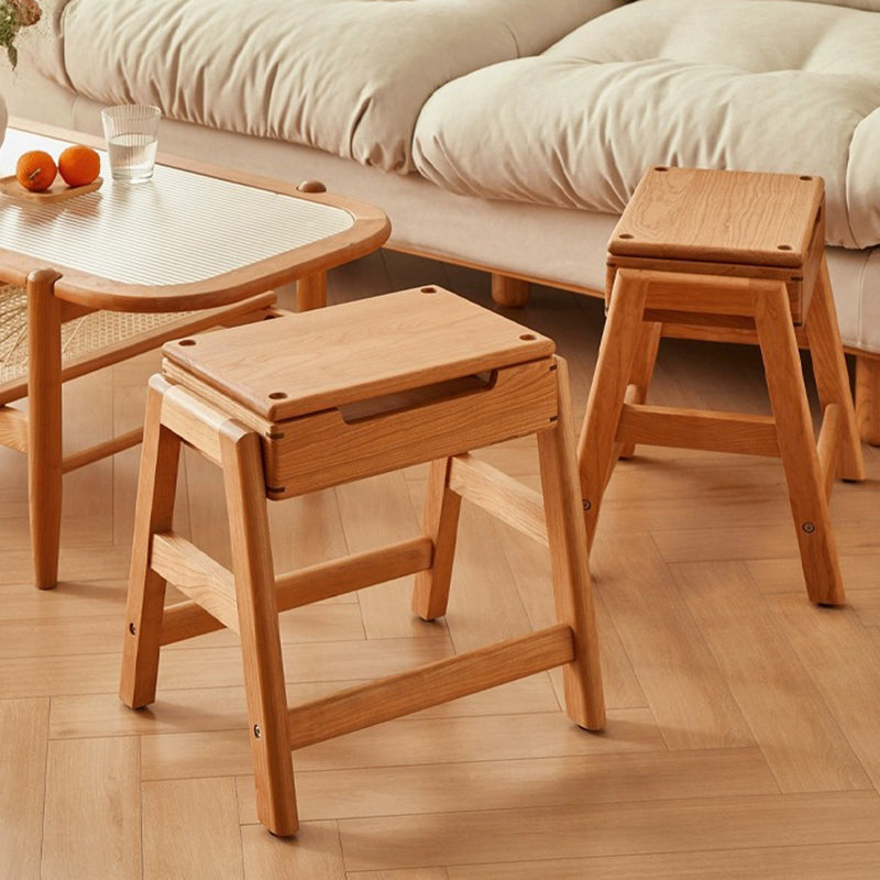 Retro Solid Wood Stackable Storage Low Stool with Footrest — Wood Color