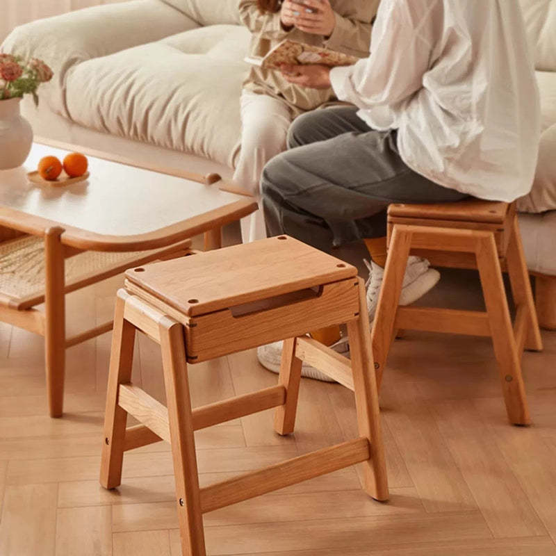 Retro Solid Wood Stackable Storage Low Stool with Footrest
